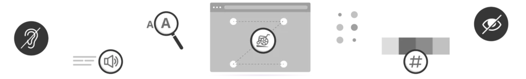 Examples of accessibility icons, including auditory controls, magnification, keyboard navigation, Braille, color contrast, and low vision.