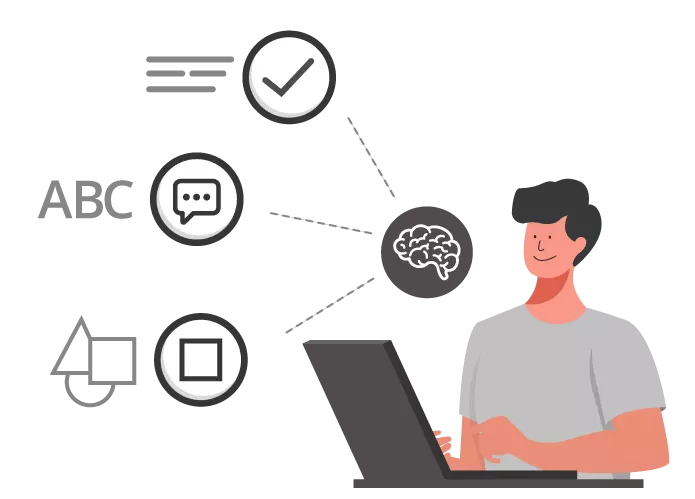 A cartoon illustration of a man at a laptop and a brain icon suggesting various cognitive challenges.